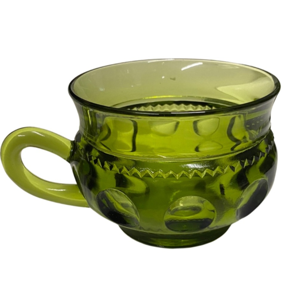 Vintage green glass cup Indiana glass kings crown thumbprint